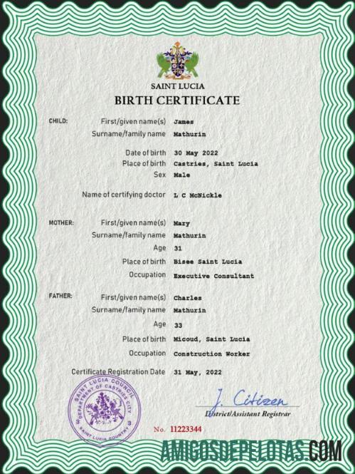 Realista modelo PSD de certidão de nascimento de registro vital de Santa Lúcia